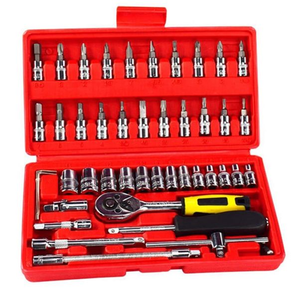 46pcs Strumenti Socket Set Automobile Moto Strumento di riparazione auto Chiave a cricchetto di precisione Manicotto Giunto universale Kit hardware Box245d