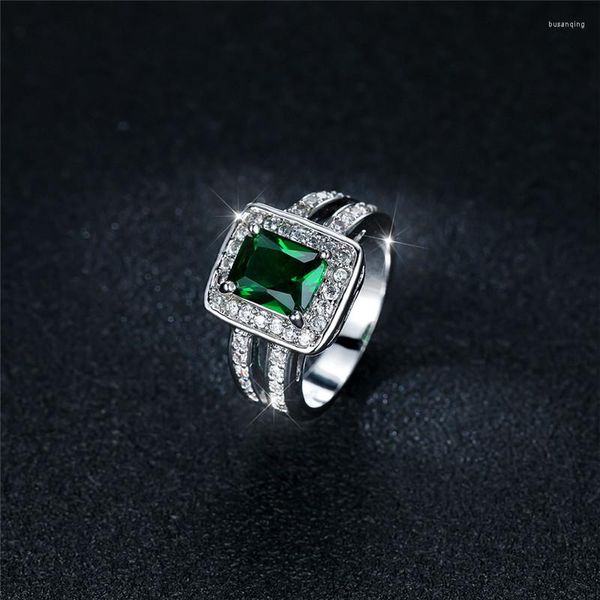 Anéis de casamento de luxo feminino cristal quadrado grande anel clássico cor de prata pingente de noivado verde zircão pedra para mulheres