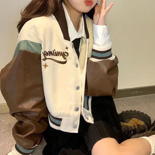 Jaquetas femininas Deeotown Y2k Harajuku Cropped Baseball Jacket Letter Print Sweet Oversized Coat Women Leather Jackets Korean Fashion Streetwear 230726