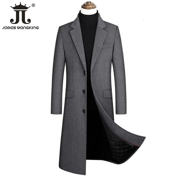 Gabardina Masculina Outono e Inverno Boutique de Lã Preto Cinza Clássico Cor Sólida Grosso Quente Gabardina Masculina Longa de Lã Jaqueta Masculina 230725