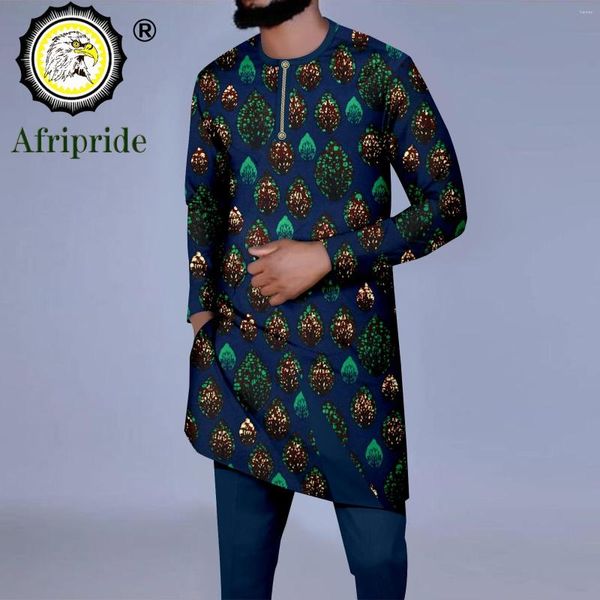 Tute da uomo Abbigliamento con stampa africana per uomo Camicie e pantaloni con ricamo a catena a maniche lunghe Set da 2 pezzi Taglie forti Abiti casual A2316047