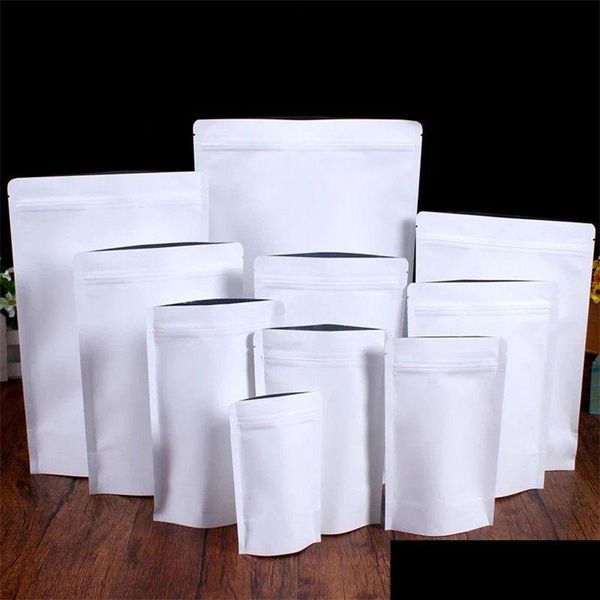 Sacos de embalagem Stand Up Saco de papel Kraft branco Folha de alumínio Embalagem Bolsa Comida Chá Lanche À prova de cheiro Resselável Drop Delivery Office S Otxpy