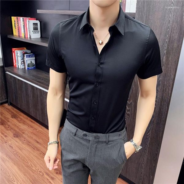 Camisas casuais masculinas 2023 camisa branca de manga curta slim fit verão fino preto escritório social empresarial