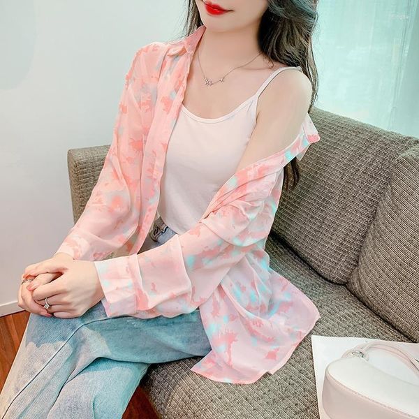 Camicette da donna Camicia stampata rosa Design sottile e versatile con vestibilità ampia Top di nicchia Giacca solare in chiffon super immortale