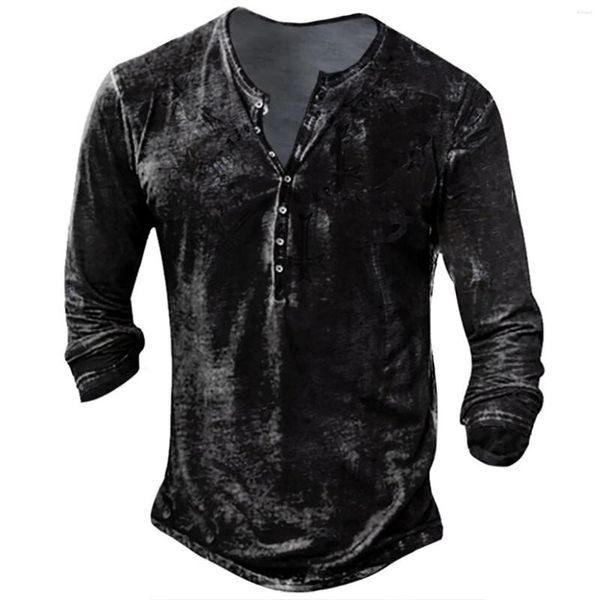 Camisetas Masculinas Camisa Henley Para Homens Botão Decote em V Estampado Vintage Manga Longa Tops Góticos Oversized Tee Punk Streetwear