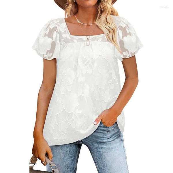 T-shirt da donna Camicia jacquard Xingqing Summer Women See Through Square Neck Puff Top manica corta T-shirt allentate Office Lady Clothes