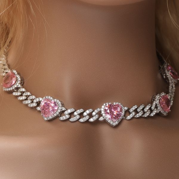 Collana a catena a maglia cubana a forma di cuore hip-hop, regalo da donna, gioielli in zirconi rosa