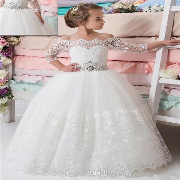 Bella principessa Flower Girl Dresses Sweep Train Bambino Abiti da prima comunione per matrimonio con applicazioni in pizzo Abbigliamento da festa per bambini Custom328N