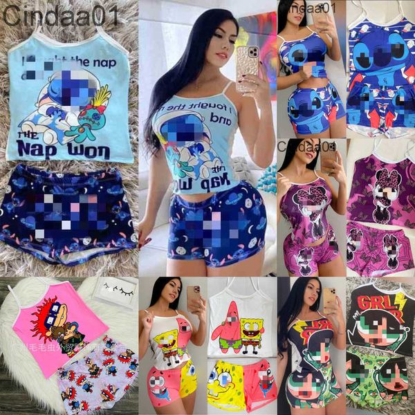 Cartoon Women Sleepwear Due pezzi Set Designer manica corta Pantaloncini con bretelle stampati Set da jogging Abiti da yoga Abiti taglie forti