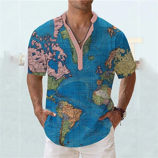 Camicie casual da uomo Camicia da uomo Mappa del mondo Stampa manica corta Top giornalieri Moda Colletto oversize allentato di alta qualità 230726