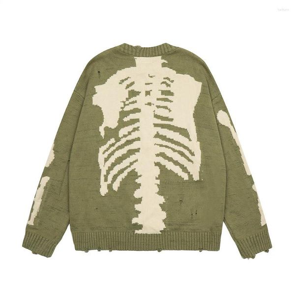 Camisolas Masculinas Back Skull Bone Green Buraco Pulôver Suéter Para Homens E Mulheres Baggy Y2K Ropa Hombre Sueter Masculino Outono Knit Tops