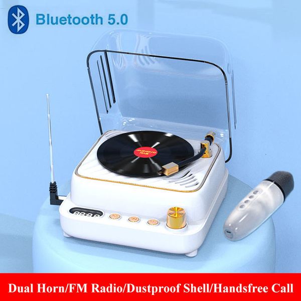 Microfones Mini alto-falante Bluetooth Reprodutor de discos de vinil retrô Rádio FM portátil Karaokê Microfone SoundBox Estéreo Reprodutor de música Handsfree Cal 230725