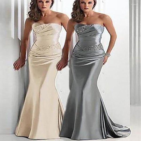 Vestidos de Festa Elegante Prata Champanhe Sereia Noite 2023 Sem Alças Plus Size Vestido de Baile Longo Seda Cetim Jantar Feminino