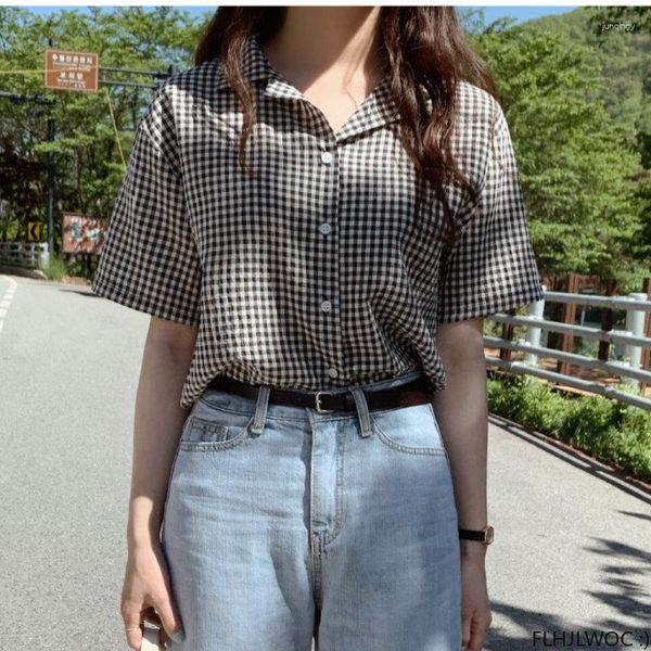 Blusas femininas de algodão misturadas camisas xadrez tops curtos fofos doces Japão meninas mulher 2023 verão decote em V botão