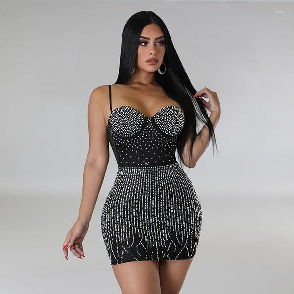 Abiti casual Abito da compleanno con strass di cristallo bianco nero per le donne Lusso 2023 Sparkly Party Night Club Mini Short Vestido Blanco