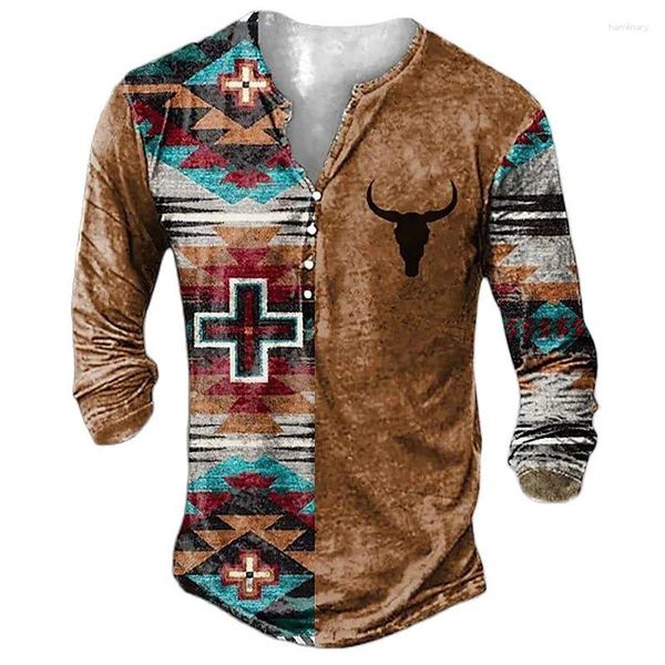 Camisetas masculinas Vintage 3d Henley Shirt Manga longa decote em V de algodão com botão para baixo tamanho grande pulôver masculino