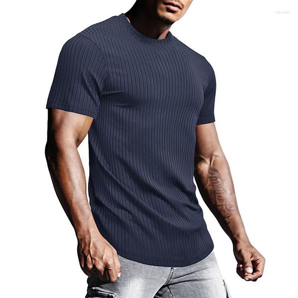 Herren-T-Shirts 2023, sportlich, eng, kurzärmelig, T-Shirt mit Rundhalsausschnitt, Top, lässig, Fitness, blaues Hemd, weinrot