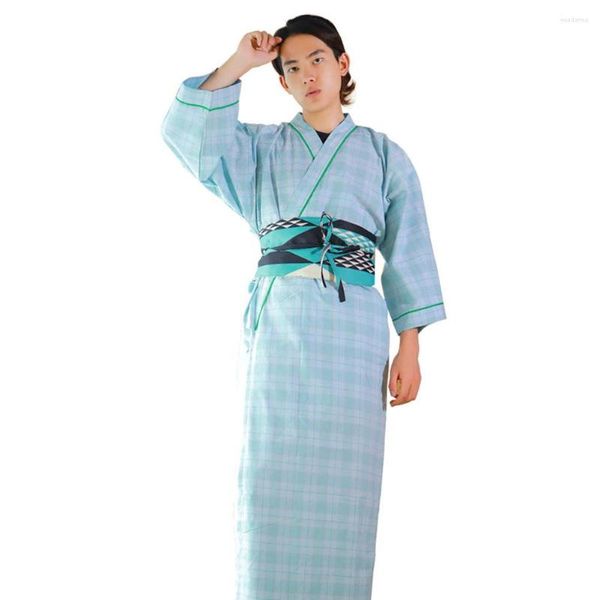 Ethnische Kleidung, Unisex, japanischer Yukata-Kimono mit Gürtel, kariert, für Herren und Damen, Pyjama, Morgenmantel, Bademantel, Loungewear