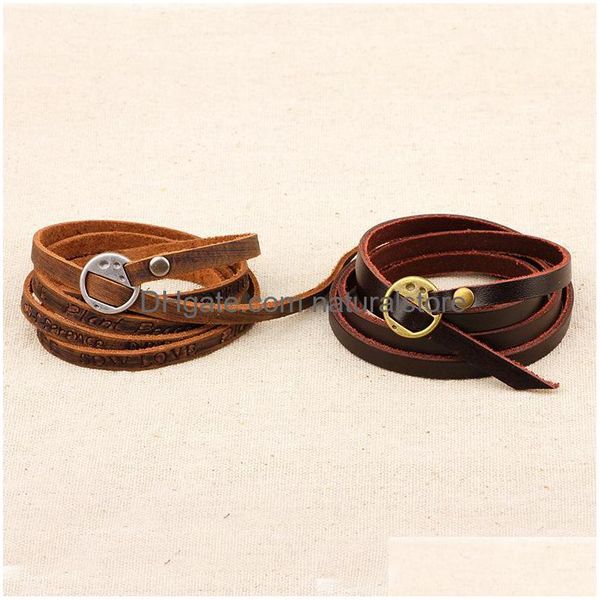 Charm Bracelets Mtilayer Genuine Leather Bracelet Women Men Letter Dream Love Peace Be Inspirational Fashion Jewelry Drop Delivery Dhm31