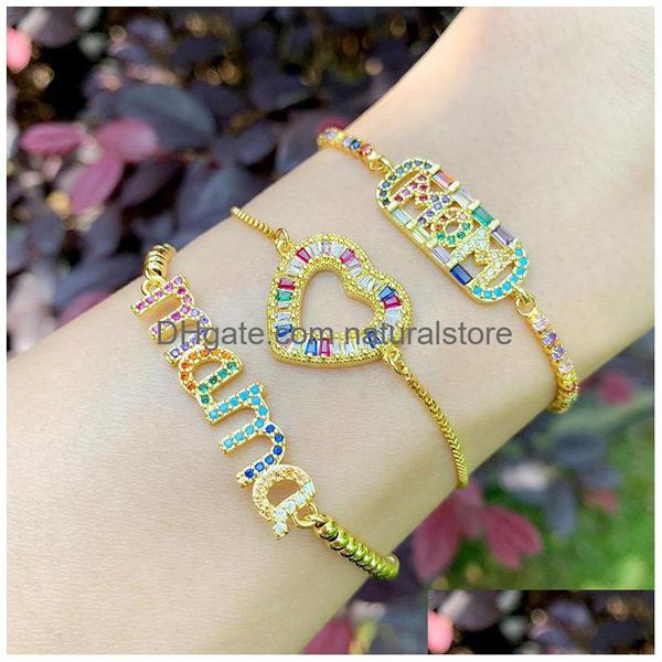 Charm Bracelets 18K Gold Mama Bracelet Pl Ajustável Coração Mom Diamond Women Moda Joias Mãe Presente Drop Delivery Dhup3