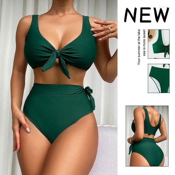 Costumi da bagno da donna Costume da bagno solido Donna Taglie forti 2023 Intimo sportivo a due pezzi Costume da bikini a triangolo a vita alta sexy da spiaggia