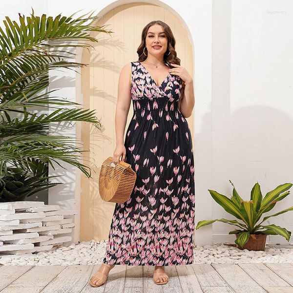 Roupa de banho feminina à venda vestido estampado floral tamanho grande para mulheres com decote em V de seda gelo saia de praia longa minimalista linha A