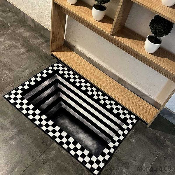 Teppiche 3D-Illusion, quadratischer Teppich, Außenmatte, schwarz-weißes Schachbrettmuster, Bodenmatte, Dekoration, Innenteppich, Badezimmermatte, R230726