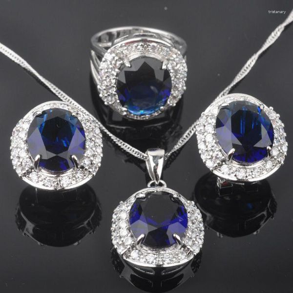 Halskette Ohrringe Set Luxuriöser blauer Zirkon und Kristall Damen Hochzeit Silber Farbe Ohrring Sets Anhänger Ringe QZ0240