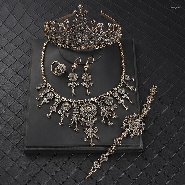 Conjunto de brincos de colar 5 pçs conjuntos de joias de noiva de luxo antigo banhado a ouro cinza strass colar/brincos/anel/pulseira da moda turca para
