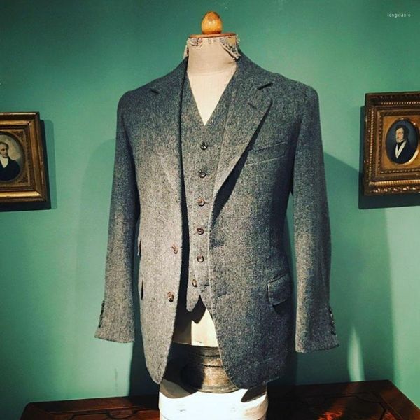 Abiti da uomo (Gilet giacca) 2023 Abito di tweed grigio Lavoro Matrimonio maschile 2 pezzi Prom Blazer Set classico Sera Custom Made