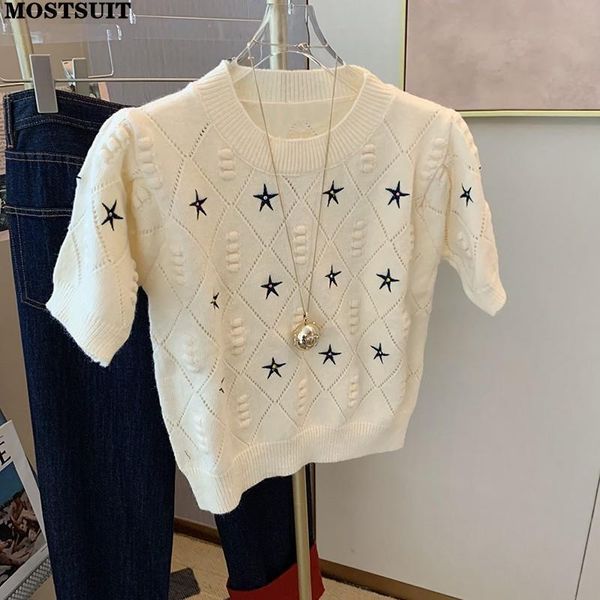 Abito Argyle Stars maglione lavorato a maglia maglieria donna 2023 estate vintage coreano pullover da donna top manica corta Oneck maglioni Tees