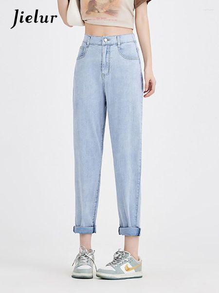 Jeans da donna azzurri estivi slim semplici da ufficio da donna Harem pantaloni tinta unita casual a vita alta lavati femminili