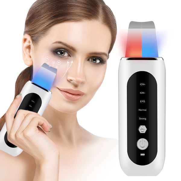 Massageador facial ultrassônico purificador de pele 5 modos LED luz azul vermelha EMS Face Lift removedor de cravo acne limpeza de poros máquina de descascamento pá 230725