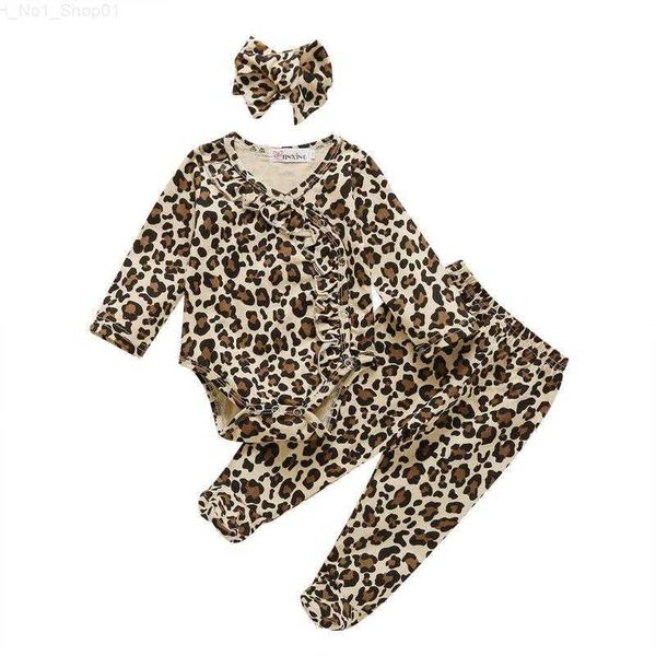 Completi di abbigliamento Completi di abbigliamento Nati Neonate Vestiti invernali Tuta con stampa leopardata Pantaloni Fascia per capelli Moda infantile Abiti autunnali 3 pezzi Ragazza Z230726