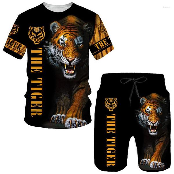 Erkek Trailtsits Yaz Sıradan Serin Tiger 3D Baskılı T-Shirt/Şort/Set O Boyun Kısa Kollu Spor Giyim 2PK