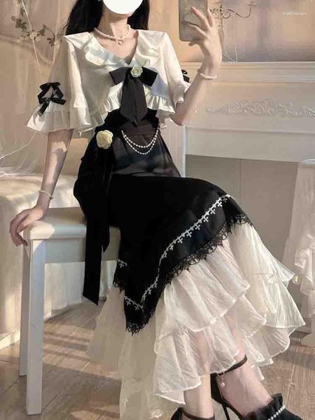 Повседневные платья для ремня для ремня женщина 2023 весенний корт сладкая лолита миди французская винтажная сказочная русалка
