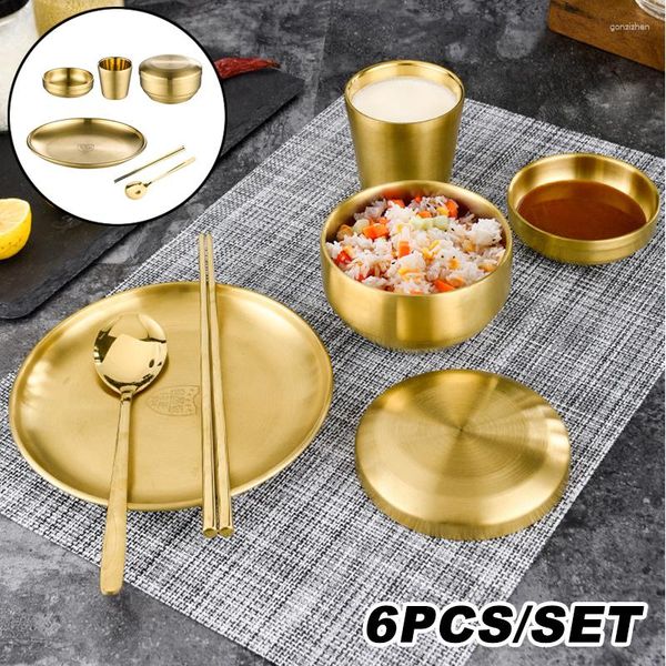 Geschirr-Sets, 6-teilig, Edelstahl, koreanisches Geschirr-Set, Grill, Restaurant, Tasse, Löffel, Stäbchen, Teller, Heimbedarf