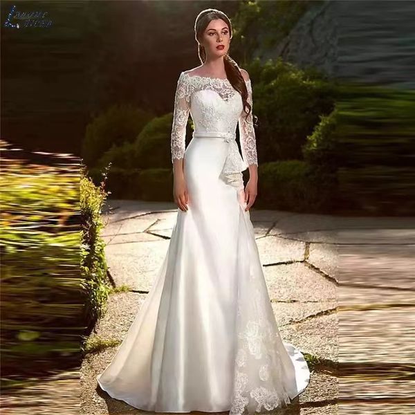 2023 Abiti da sposa a sirena modesta con applicazioni in pizzo Abiti da sposa trasparenti Illusion Back Soft Satin Scoop robe de mariee Corpetto Abiti da sposa Abiti da sposa vintage