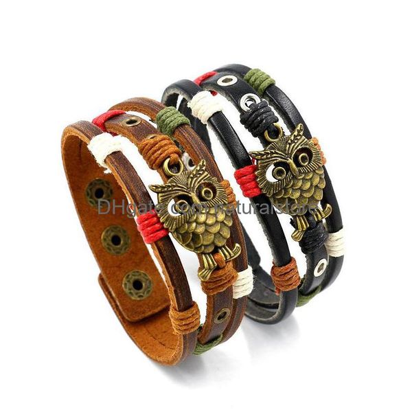 Charm Bracelets Bird Owl Mtilayer Leather Bracelet Bangle Cuff Wrap Black Brown Button Adjustable Wristband For Women Men Fashion Jewe Dh8Rt