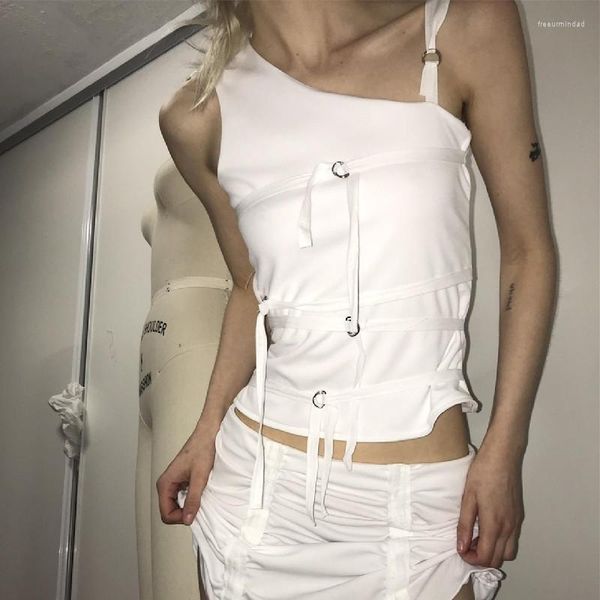 Damen Tanks Off Shoulder Single Strap Tank Crop Tops 2023 Frauen Ärmellos Solide Slim Fit Lace Up Weste Sommer Streetwear Y2k