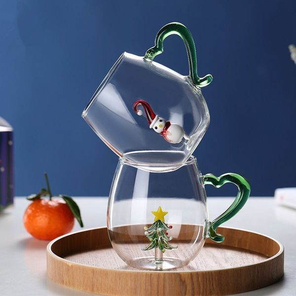 Bicchieri da vino Creativo Fiore Tazza da tè con manico a cuore Albero di Natale Alce Decorazione Tazza da caffè in vetro borosilicato alto Regalo 230725