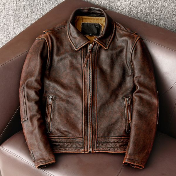 Erkek Yelekler Yutuk Kuyruklu Erkekler Deri Ceket Vintage Motosiklet Ceketleri 100 Cowhide Ceket Erkek Bisikletçi Giysileri Asya Boyutu S 6XL M697 230726