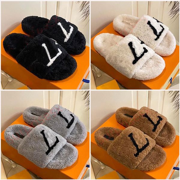 Pantofole Sandali Sherpa di lusso Scarpe firmate alfabeto Peluche Sandali piatti autunno inverno Tinta unita Pantofole soffici sfocate Casual da donna