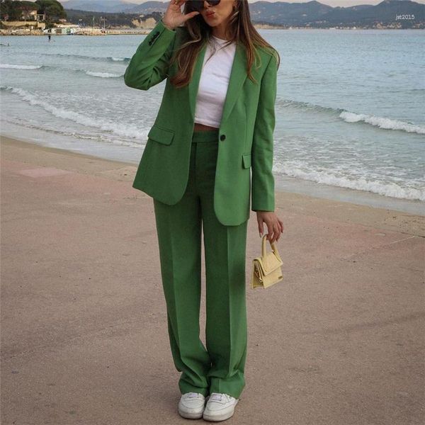 Pantaloni da donna a due pezzi Donna Casual Blazer di lino verde Suit 2023 Primavera femminile Solid Blazer con bottoni allentati Abiti da donna Vintage Straight