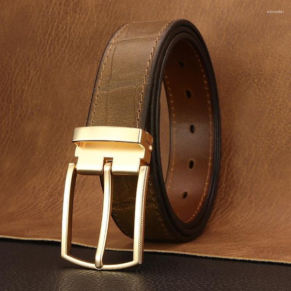 Cintos de couro legítimo de vaca de alta qualidade com fivela de pino de designer crocodilo padrão masculino luxo jeans jovem Ceinture