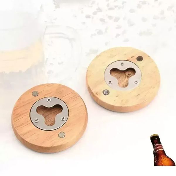 Stock New Forma rotonda in legno Apribottiglie Sottobicchiere Magnete per frigorifero Decorazione Apribottiglie per birra Fabbrica all'ingrosso fy3743 0526 LL