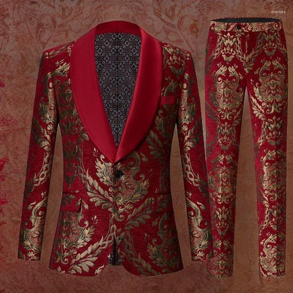 Abiti da uomo jacquard floreale rosso 2 pezzi con pantaloni scialle risvolto matrimonio personalizzato smoking festa di ballo cena costume 2023