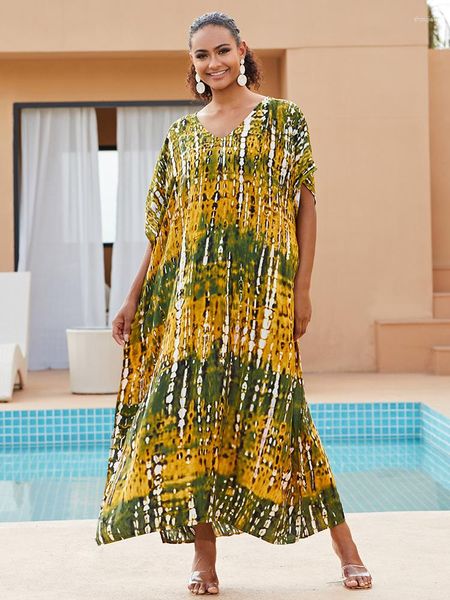 Roupa de banho feminina EDOLYNSA Vestido Kaftan estampado listrado com decote em V Robe Caftan elegante Roupa de férias de verão Kaftans africanos Roupa para convidados de casamento