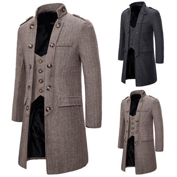 Trench da uomo Cappotto di taglia europea Cappotto di tweed a spina di pesce falso in due pezzi da uomo di media lunghezza 230725