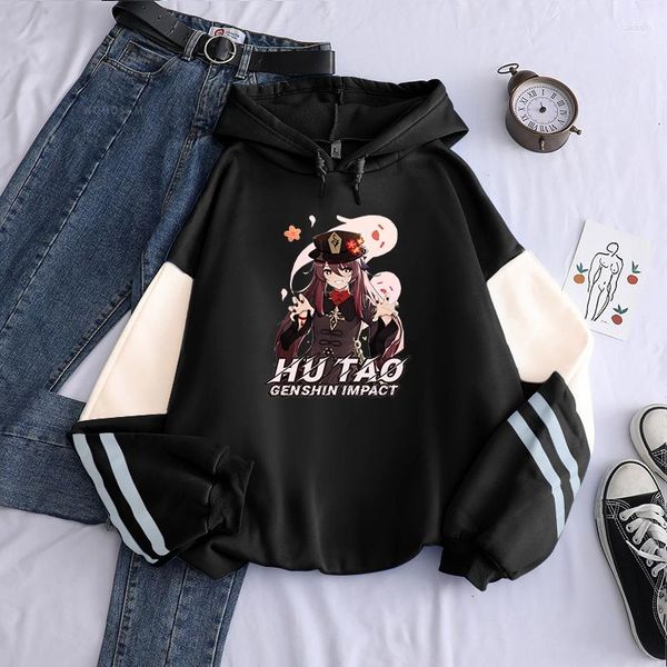 Moletons Masculinos Harajuku Cartoon Genshin Impact Patchwork Camisolas Femininas Manga Longa Kawaii Manga Hu Tao Roupas Casuais Soltas de Inverno